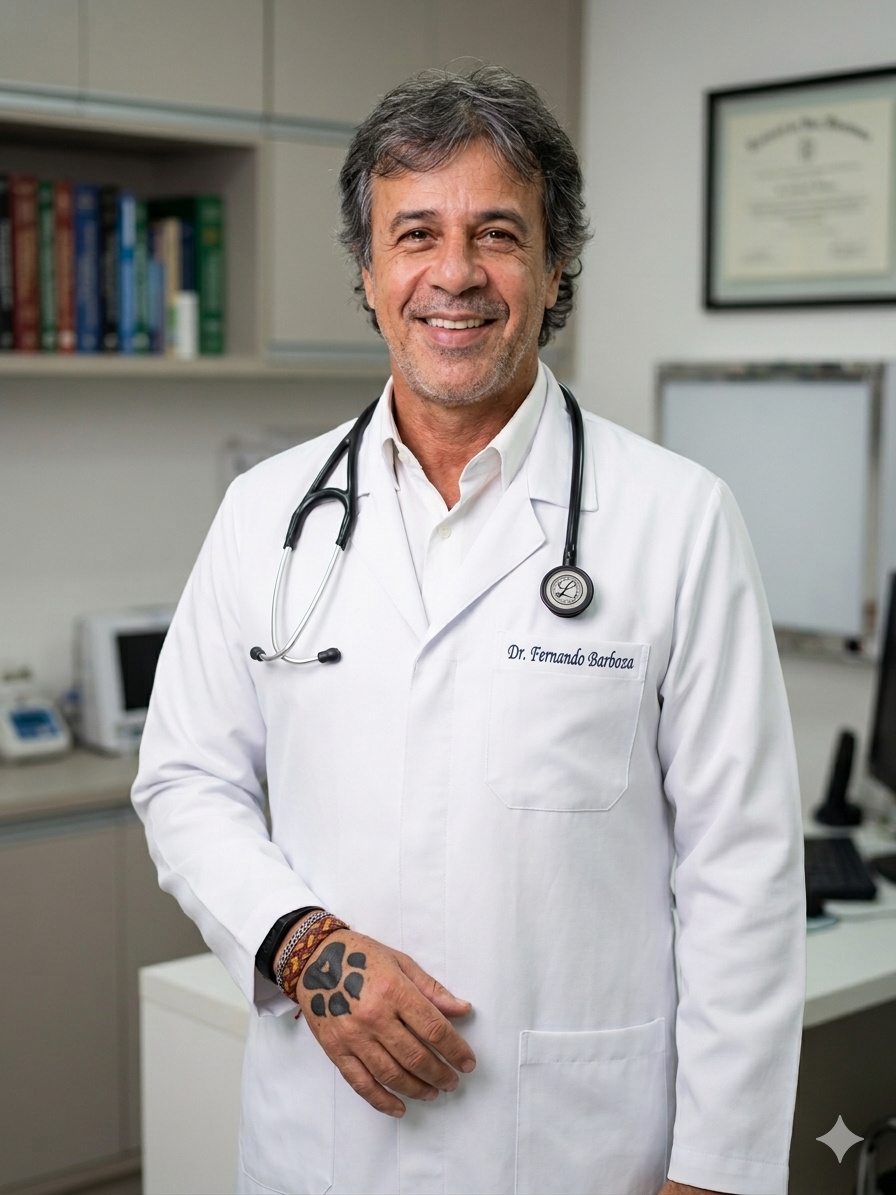 Dr. Fernando Barboza em jaleco com estetoscópio no consultório